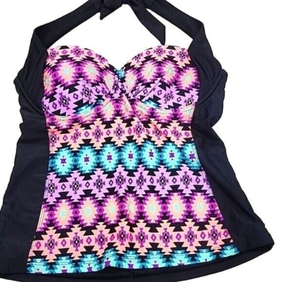 Catalina Tankini Swim Top Halter Black multi Aztec 32B-34B Cup Women's Small - Picture 1 of 4